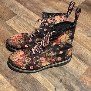 Dr. Martens Floral Combat Boots - Black and Pink